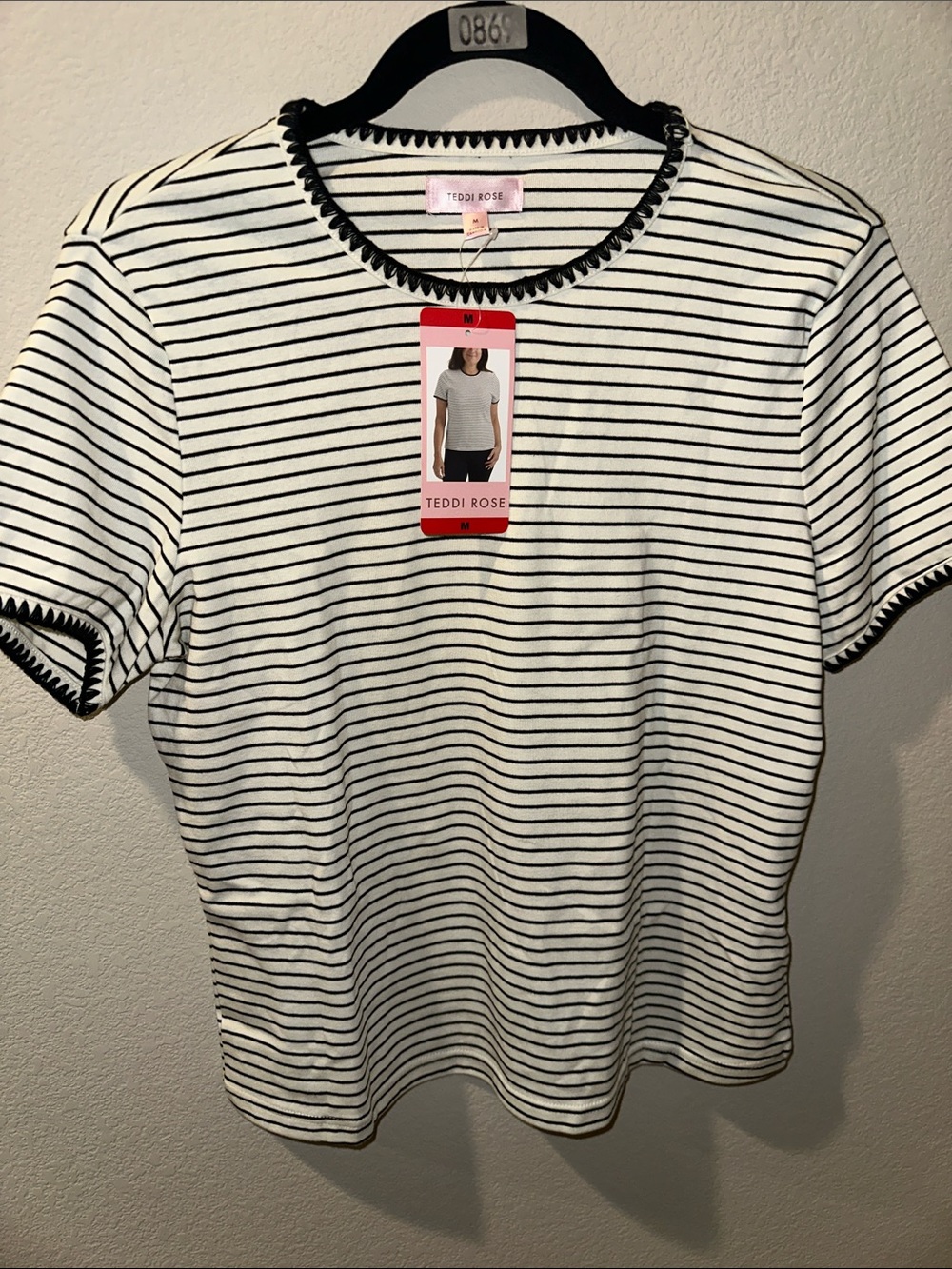 Teddi Rose Black & White Striped Short Sleeve Tee with Scallop Trim